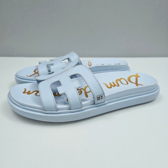 Sam Edelman Valeri Slide Sandal Womens 8 WIDE Riviera Blue Leather Logo Platform - Picture 1 of 13